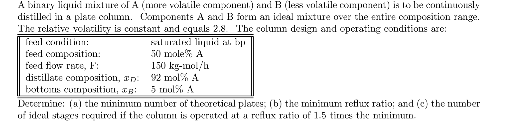  A binary liquid mixture of A (more volatile component) and B