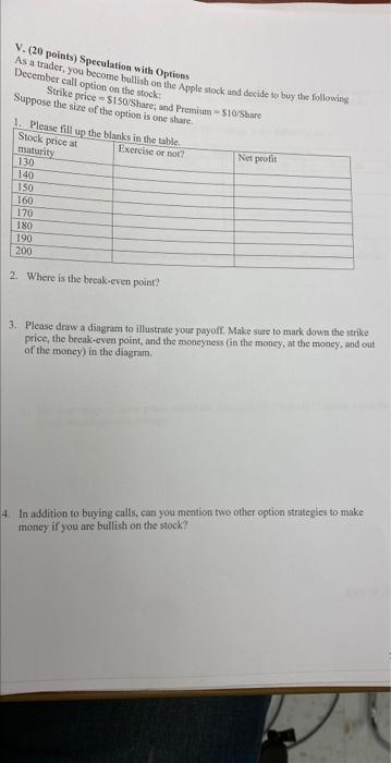 V. (20 points) Speculation w ith Options As a trader, you