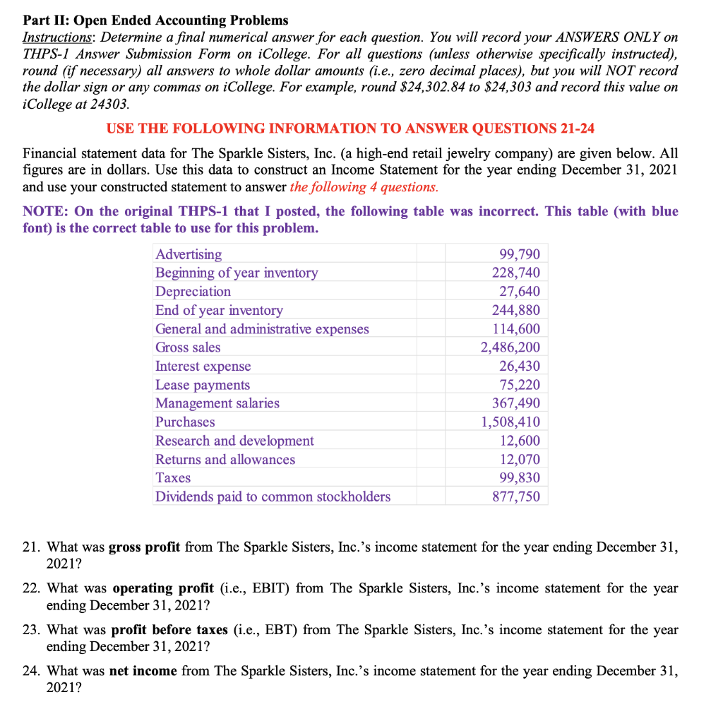  Part II: Open Ended Accounting Problems Instructions: Determine a final numerical