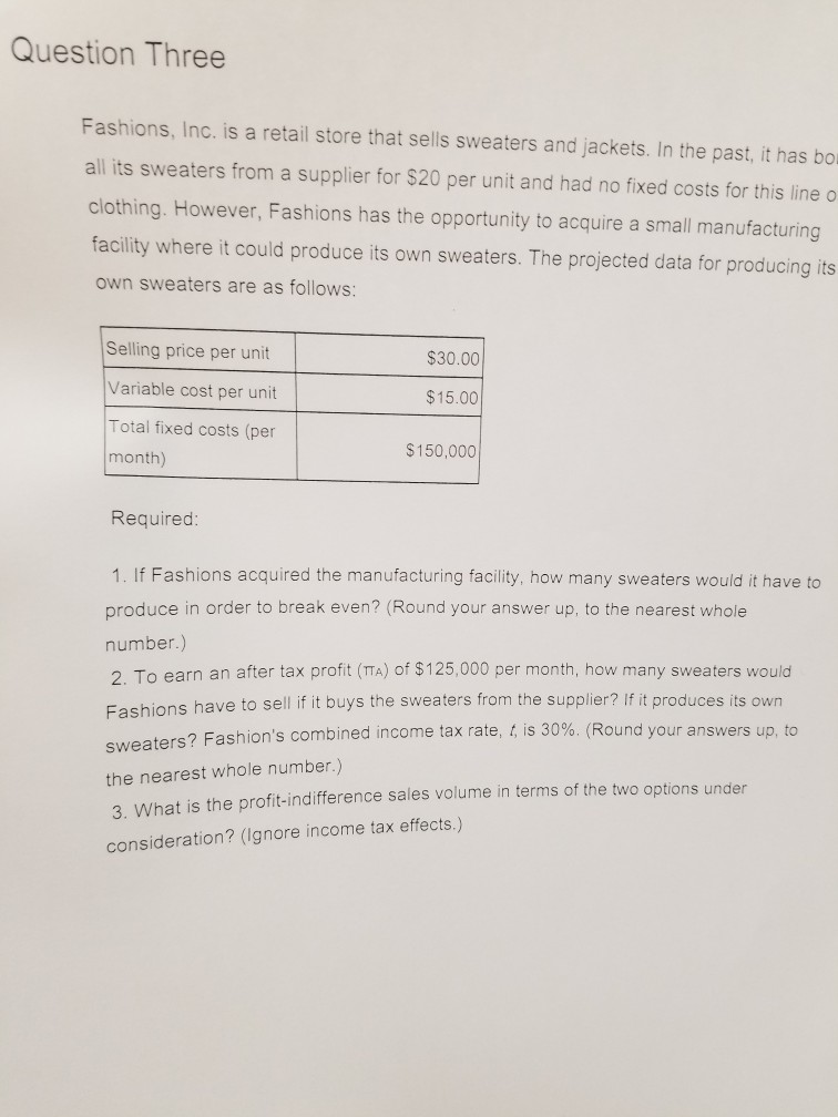 solve the problem Question Three Fashions, Inc. is a retail store