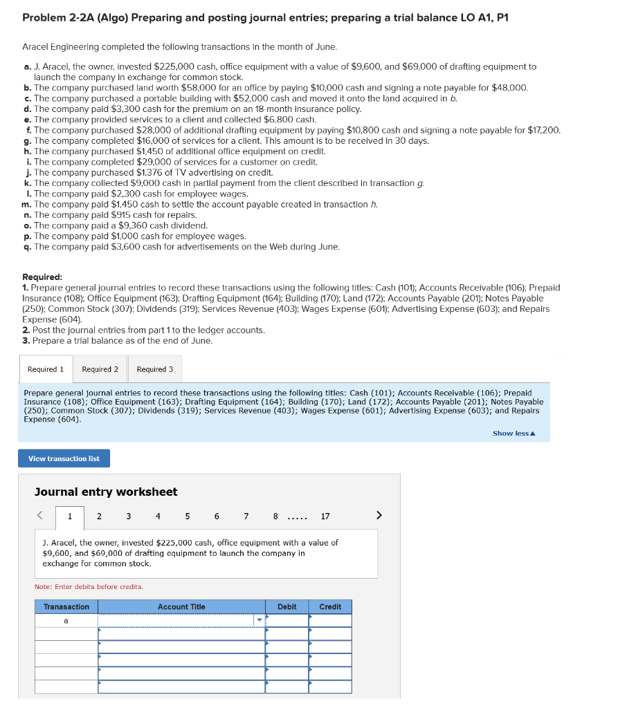  Problem 2-2A (Algo) Preparing and posting journal entries; preparing a trial