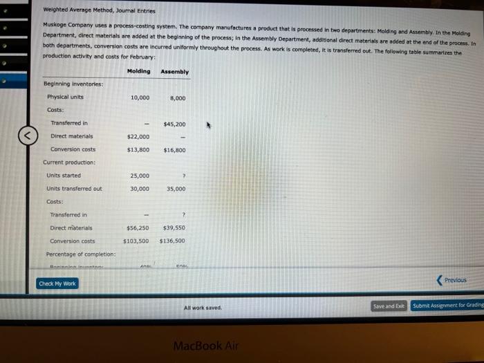  Weighted Average Method, Journal Entries Muskoge Company uses a process-casting system.