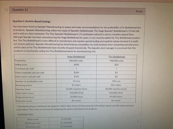 Question 11 10 pts Question C(Activity Based Costing): You have been
