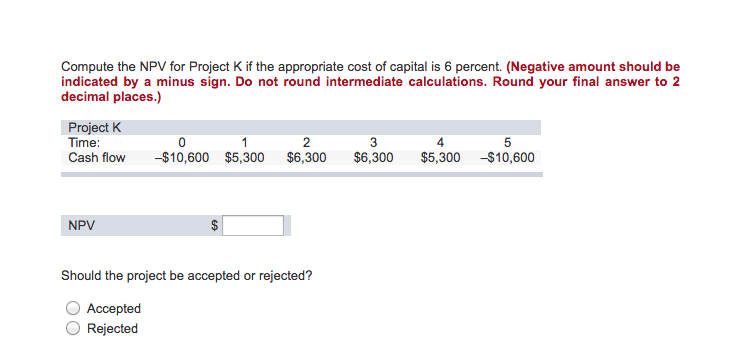 Compute the NPV for Project K if the appropriate cost of