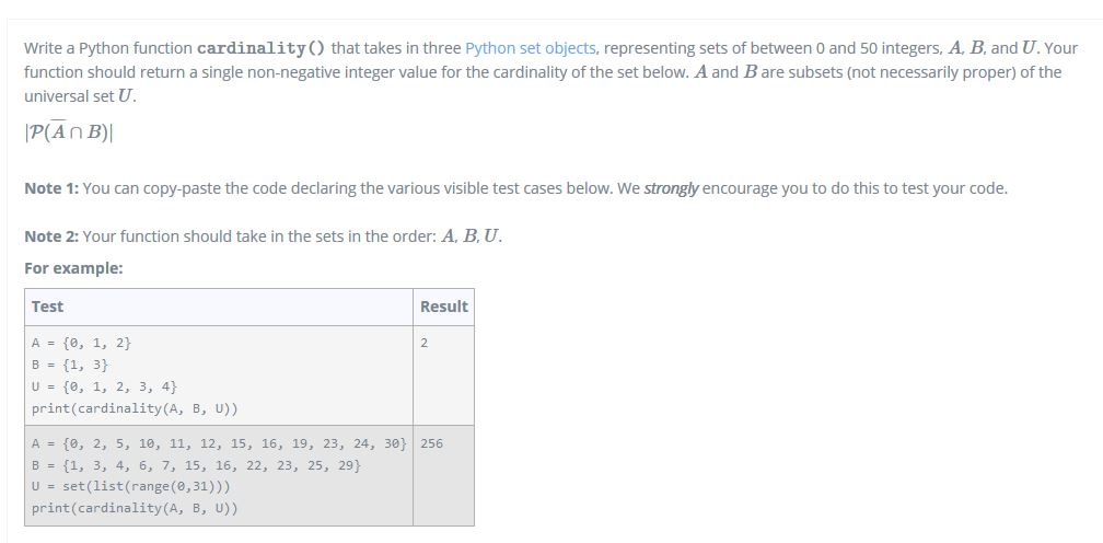  Write a Python function cardinality) that takes in three Python set
