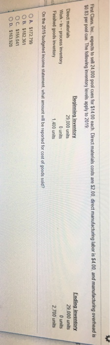  First Class, Inc. expects to sell 24,000 pool cues for $14.00