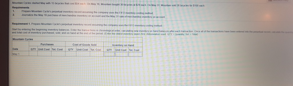 Mountain Cycles started May with 15 bicycles that cost $54 each