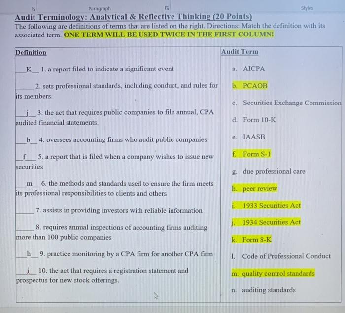 Paragraph Styles Audit Terminology: Analytical & Reflective Thinking (20 Points) The