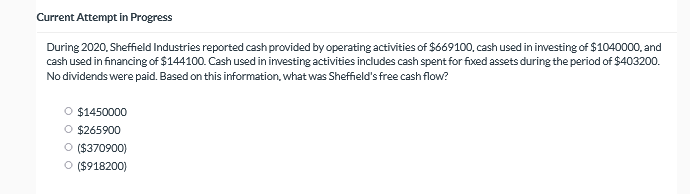  Current Attempt in Progress During 2020. Sheffield Industries reported cash provided