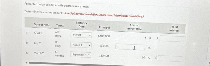  Presented below are data on three promissory notes. Determine the missing