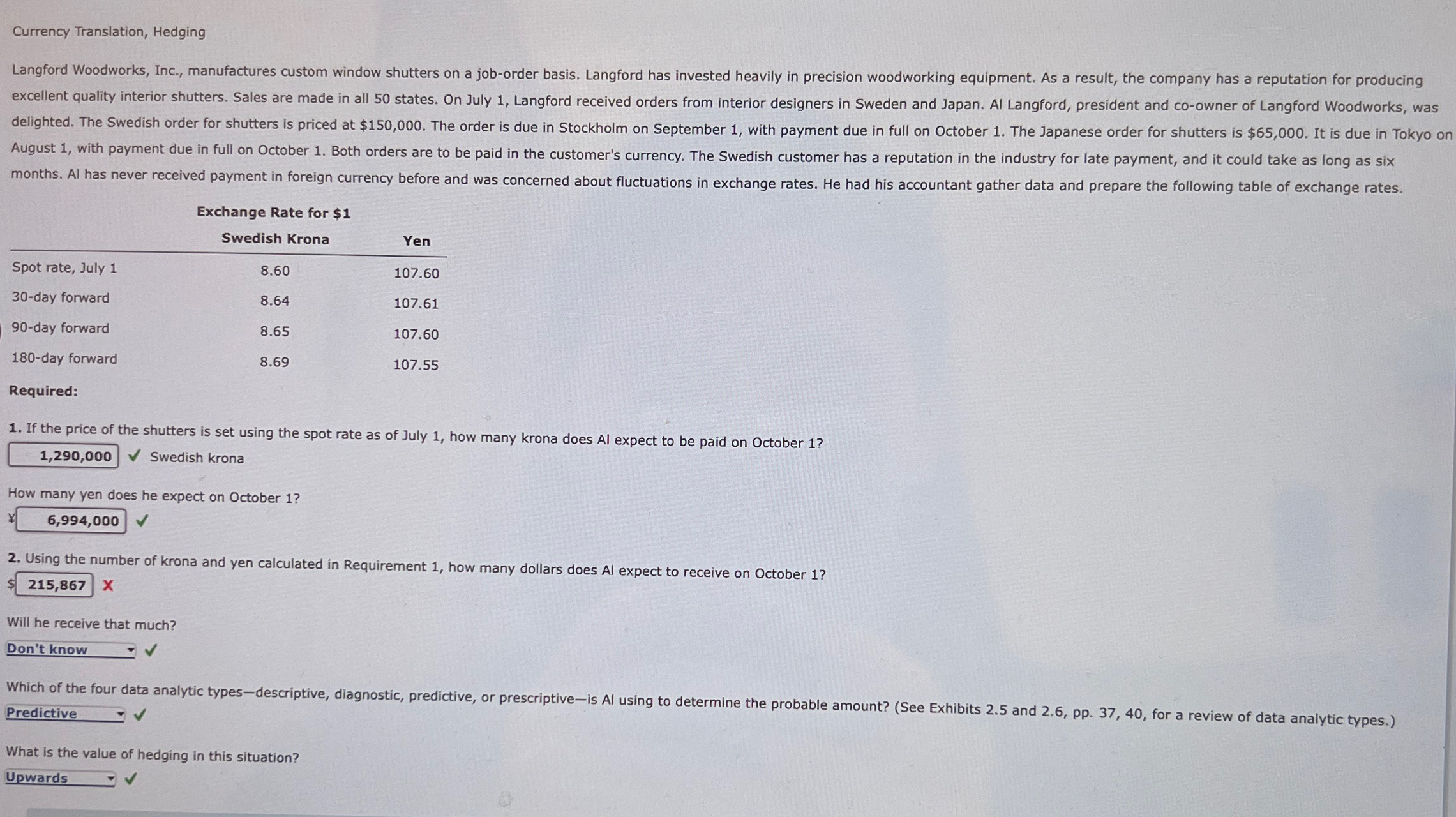  Currency Translation, Hedging Exchange Rate for $1 \table[[,Swedish Krona,Yen],[Spot rate, July