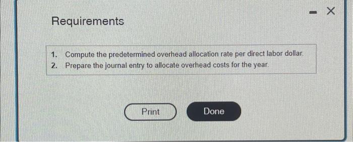 direct labor dollar. 2. Prepare the journal entry to allocate overhead costs