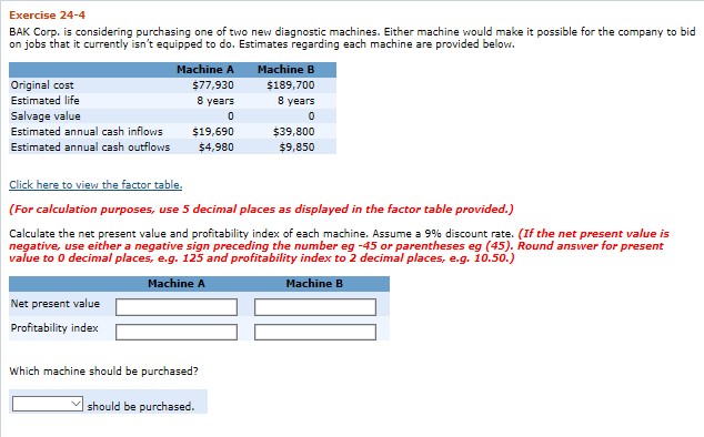 Exercise 24-4 BAK Corp. is considering purchasing one of two new