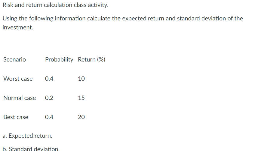 Risk and return calculation class activity. Using the following information calculate