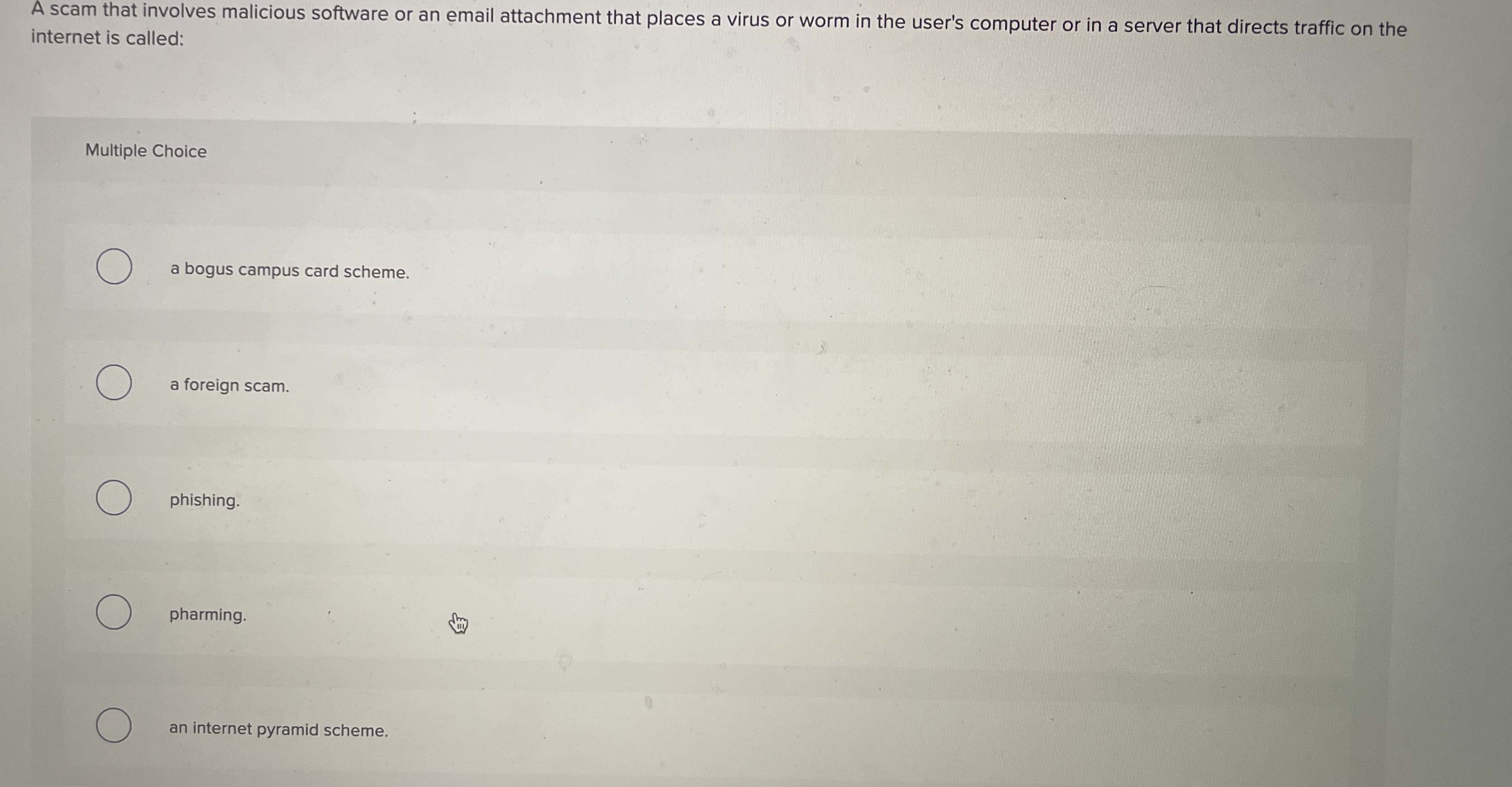  A scam that involves malicious software or an email attachment that