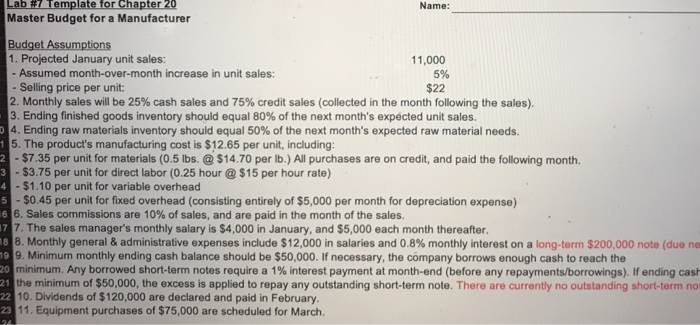  Name: Lab #7 Template for Chapter 20 Master Budget for a