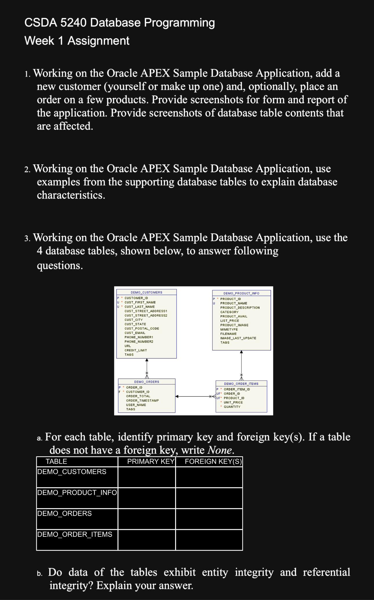  CSDA 5240 Database Programming Week 1 Assignment Working on the Oracle
