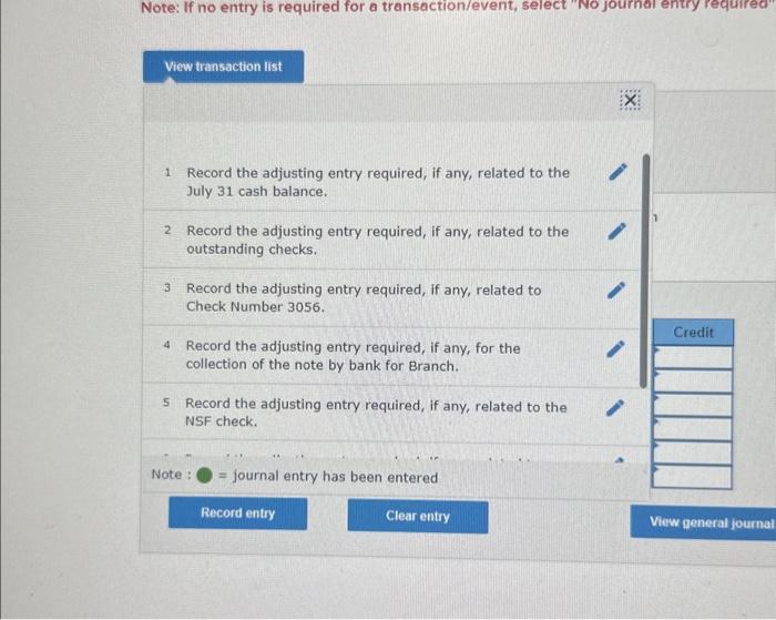 to the July 31 cash balance. 2 Record the adjusting entry required,