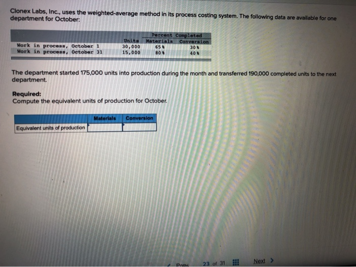please type the answer Clonex Labs, Inc., uses the weighted average method