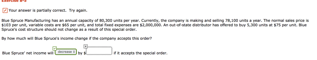  Your answer is partially correct. Try again. Blue Spruce Manufacturing has