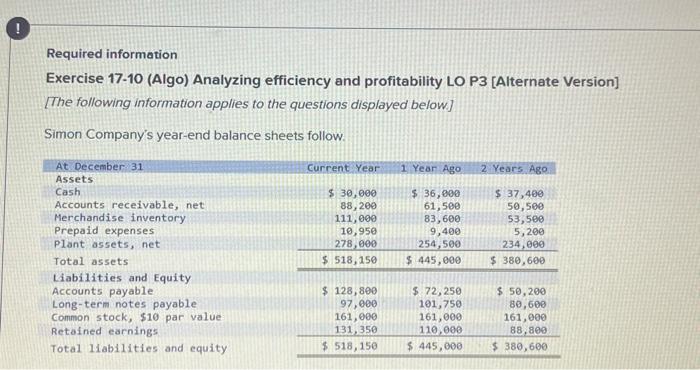 Answer all parts and show formulas. will thunbs up. Required information Exercise