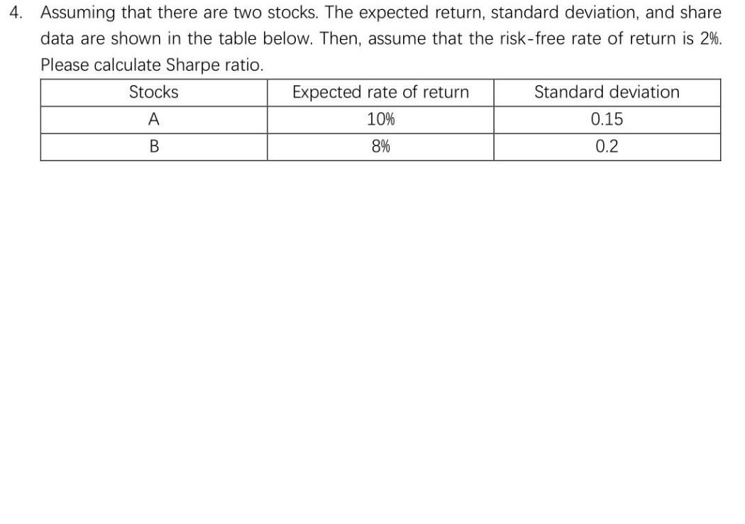 4. Assuming that there are two stocks. The expected return, standard