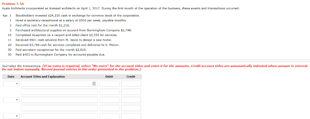  Problem 3-5A Ayala Architects incorporated as licensed architects on April 1,2017.