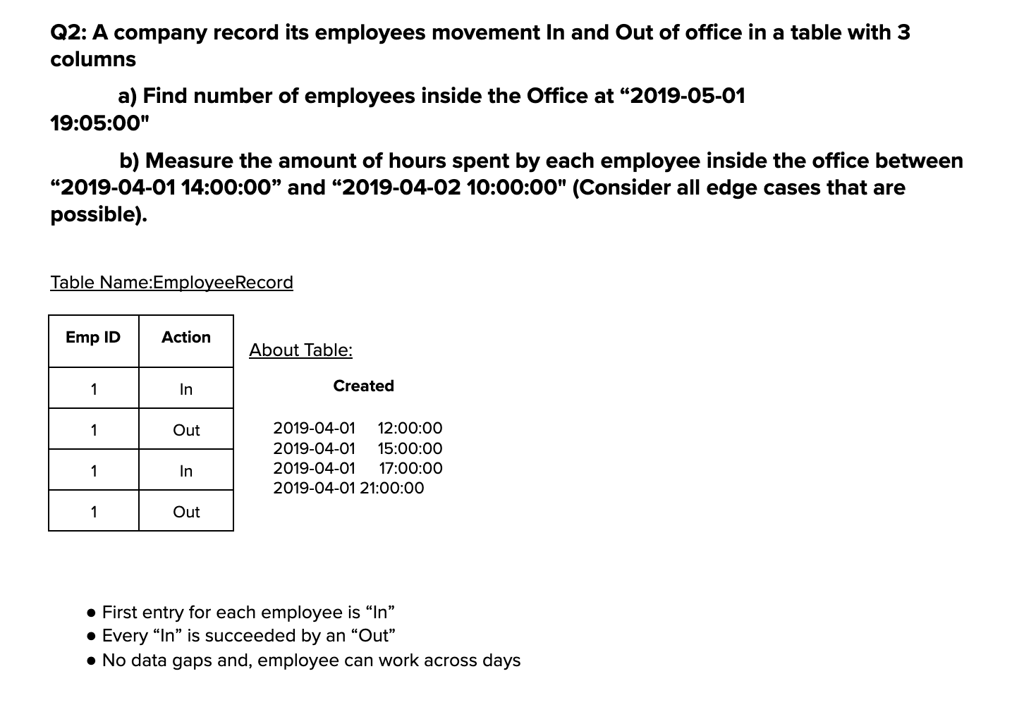  Q2: Write postgresql code A company record its employees movement In
