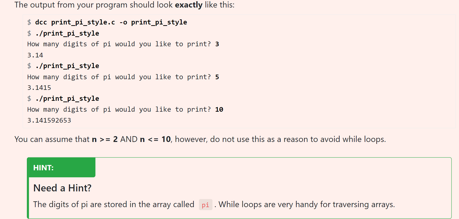 digits of pi, where n is specified by the user. The main