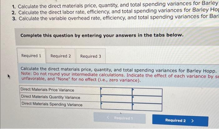 steins. Its standard cost information follows: Barley Hopp had the following actual