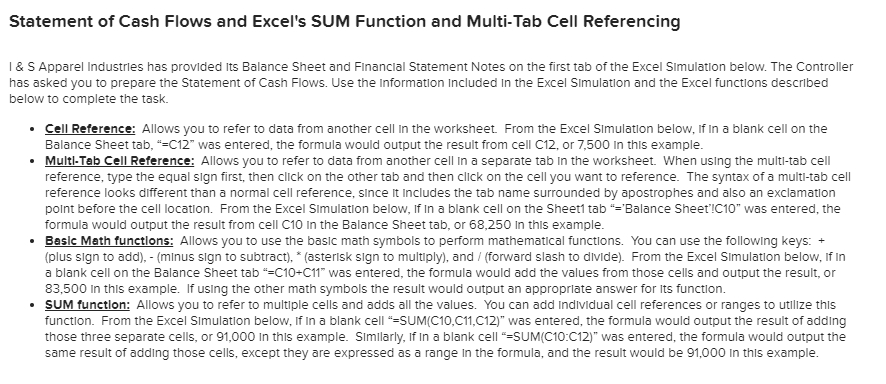  Statement of Cash Flows and Excel's SUM Function and Multi-Tab Cell