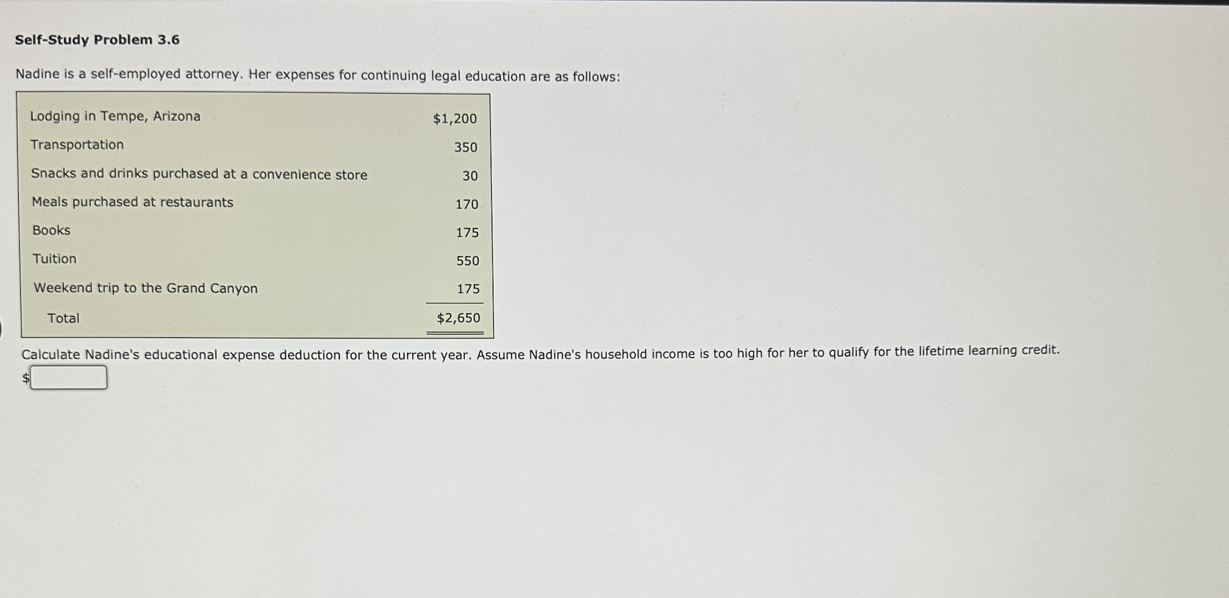  Self-Study Problem 3.6 Nadine is a self-employed attorney. Her expenses for