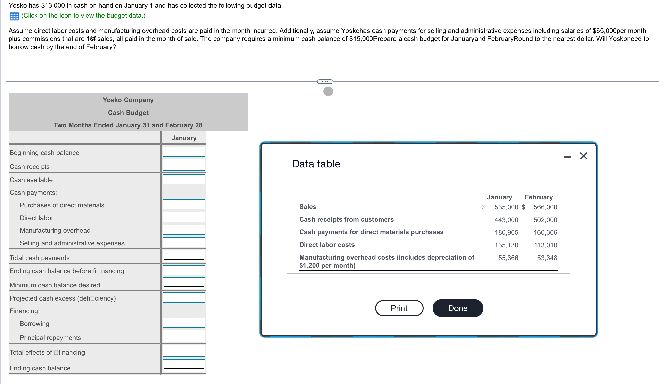  Yosko has $13,000 in cash on hand on January 1 and