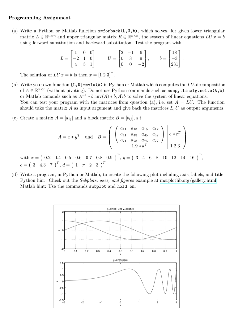  Programming Assignment (a) Write a Python or Matlab function x=forback (L,U,b),
