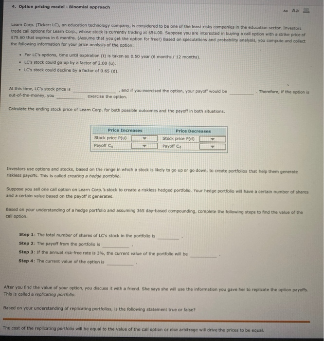  4. Option pricing model - Binomial approach A Aa- Leam Corp.