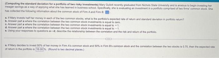  (Computing the standard deviation for a portfolio of two risky investments)