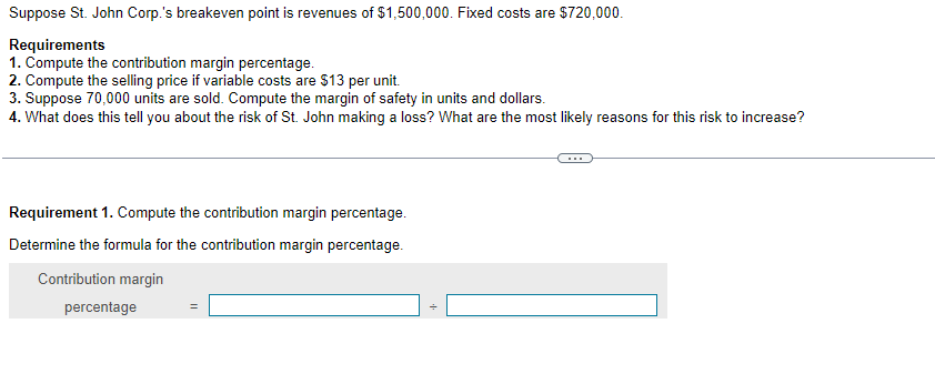 Please do all Requirements Suppose St. John Corp.'s breakeven point is