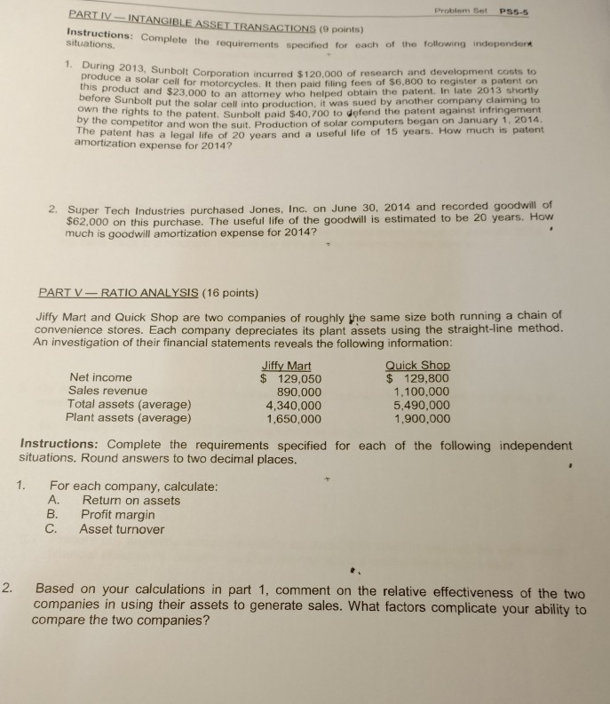  intangible asset transaction PART IV Problem Set PS5-5 MANGIBLEASSELIRANSACTONS (9 points)