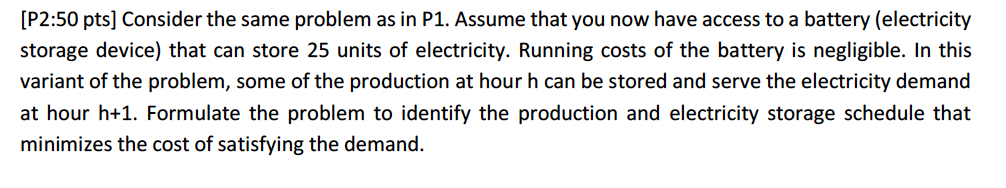 plants. The cost table and capacities for the power plants, along with