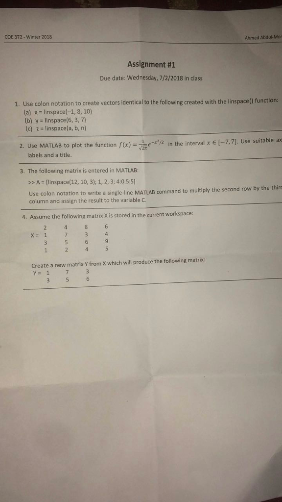 COE 372 - Winter 2018 Ahmed Abdul- Assignment #1 Due date: