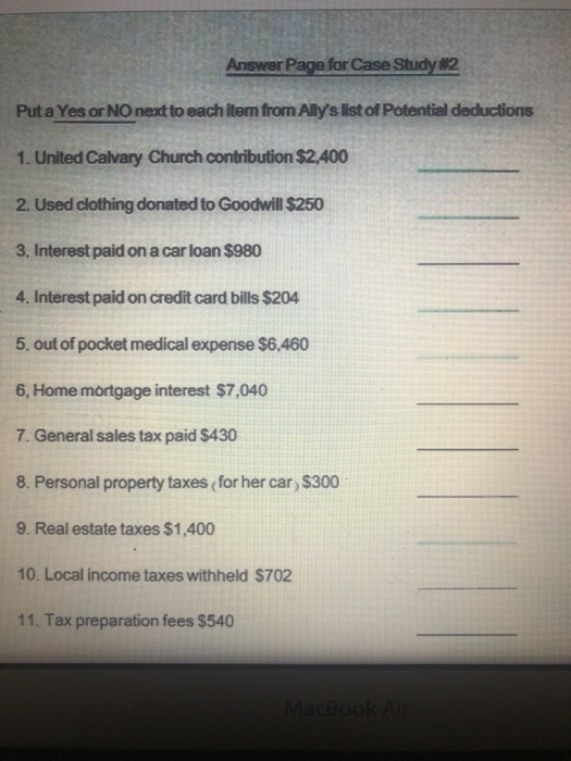  Answer Page for Case Study #2 Put a Yes or NO
