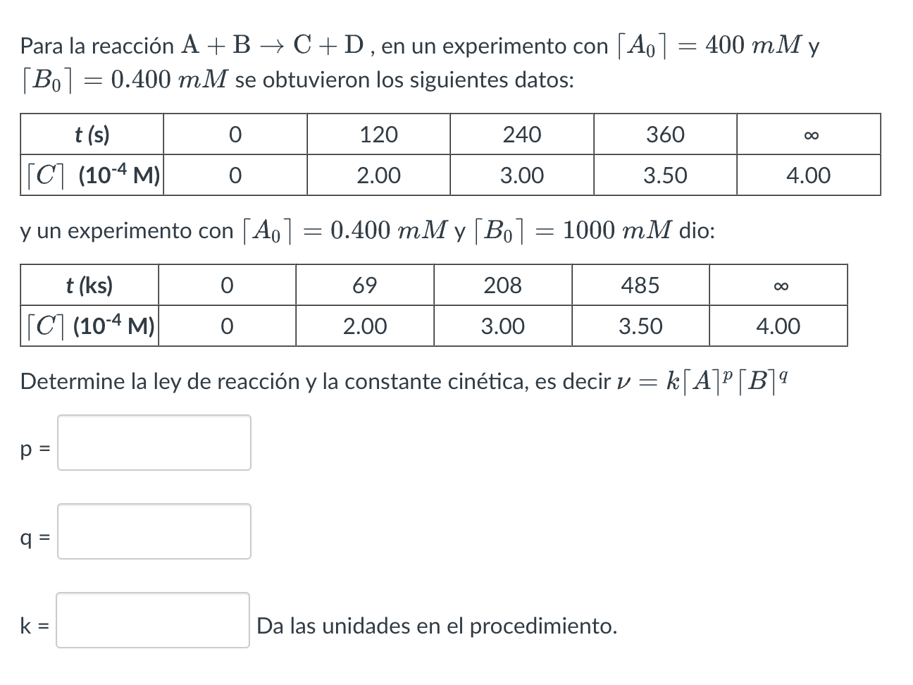  Para la reaccin A+BC+D, en un experimento con |~A0~|=400mM y |~B0~|=0.400mM