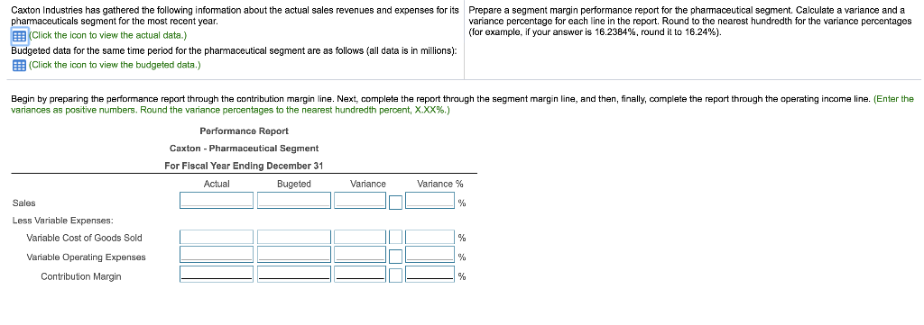Round to the nearest hundredth for the variance percentages (for example, if