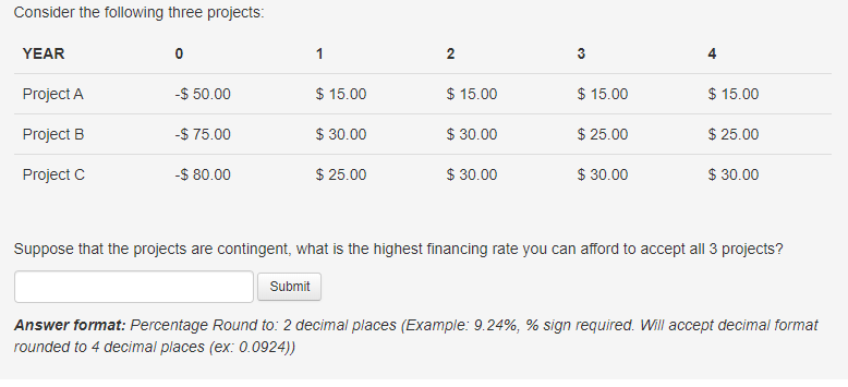 14 15 Consider the following three projects: YEAR Project A -$ 50.00