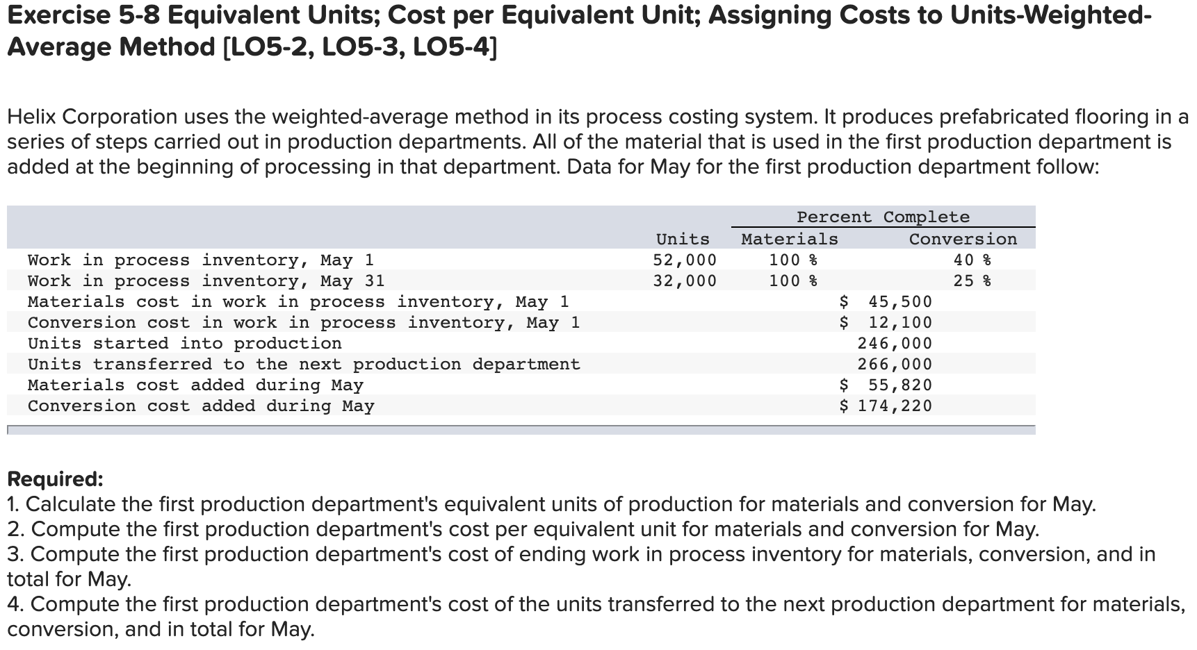  Exercise 5-8 Equivalent Units; Cost per Equivalent Unit; Assigning Costs to