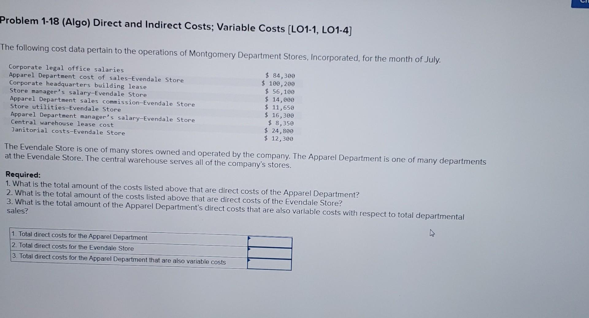  Problem 1-18 (Algo) Direct and Indirect Costs; Variable Costs (LO1-1, LO1-4]