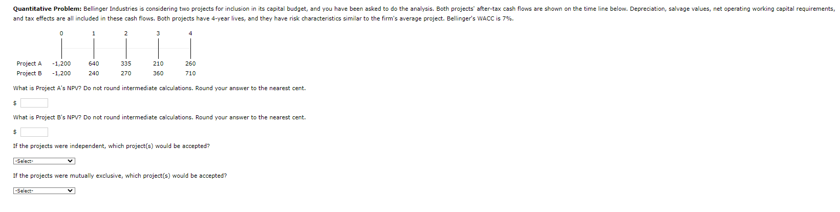 Proj What is Project A's NPV? Do not round intermediate calculations.