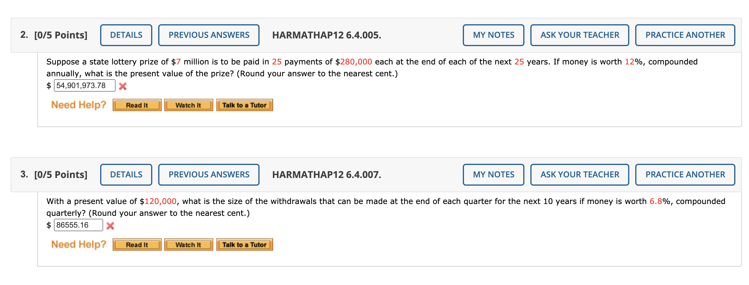  2. [0/5 Points] DETAILS PREVIOUS ANSWERS HARMATHAP12 6.4.005. MY NOTES ASK