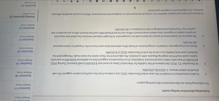 Multiple Choice Evaluating substantive testing results Question 17 Wiple Choice The