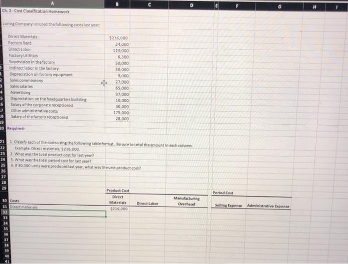 please solve tbe cost classification D G Ch. 2.Cost Classification Homework Loring